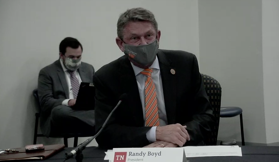 UT President Randy Boyd shares budget priorities at Administration hearing.