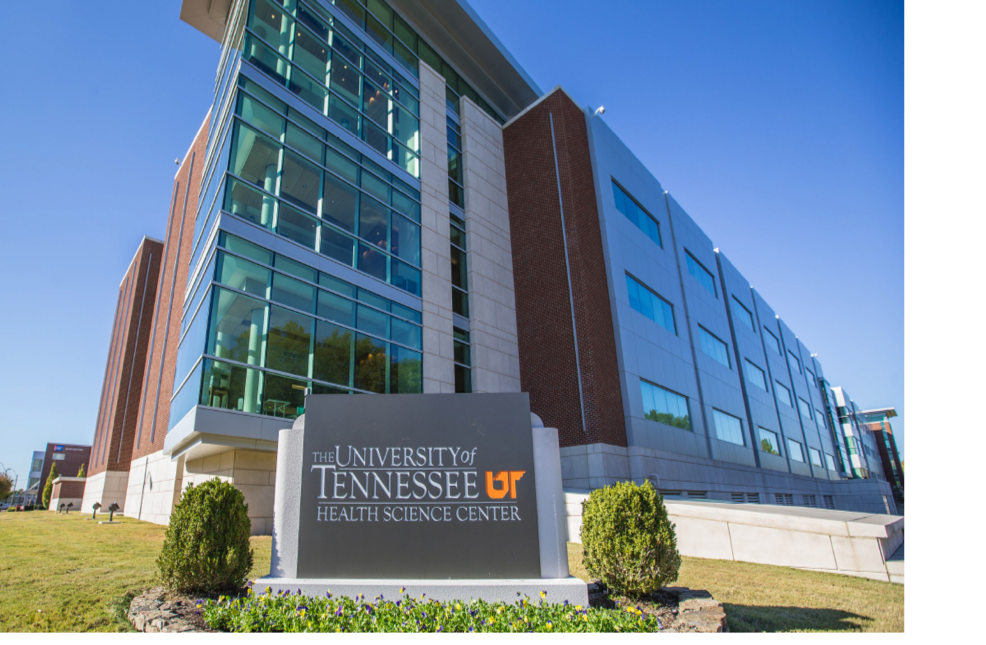 Exterior of a glass and brick building at the UT Health Science Center building in Memphis.