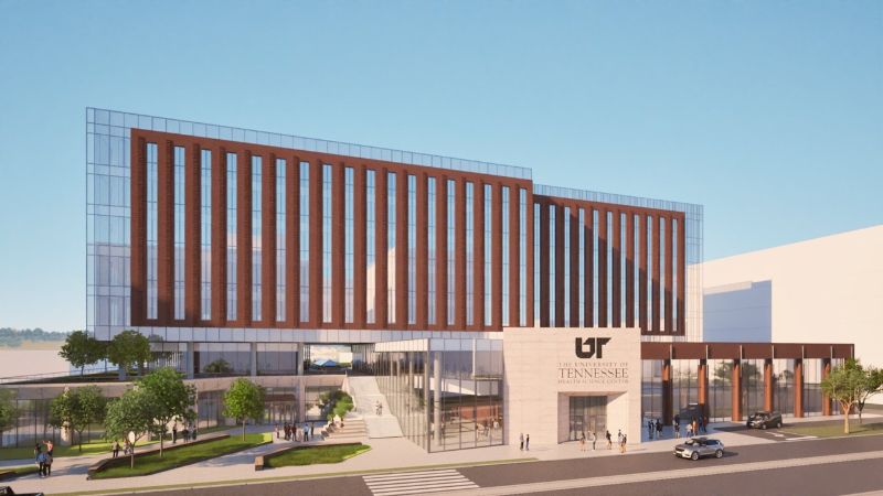 RRendering of the proposed UTHSC College of Medicine Interdisciplinary Building showing a large, modern facility.