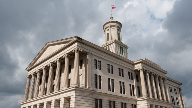 Tennessee State Capitol Building on a cloudy day.
