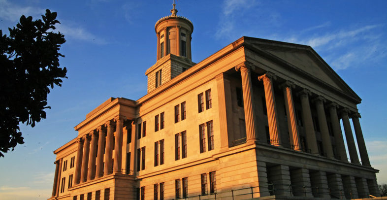The Tennessee State Capitol Building at sunset.